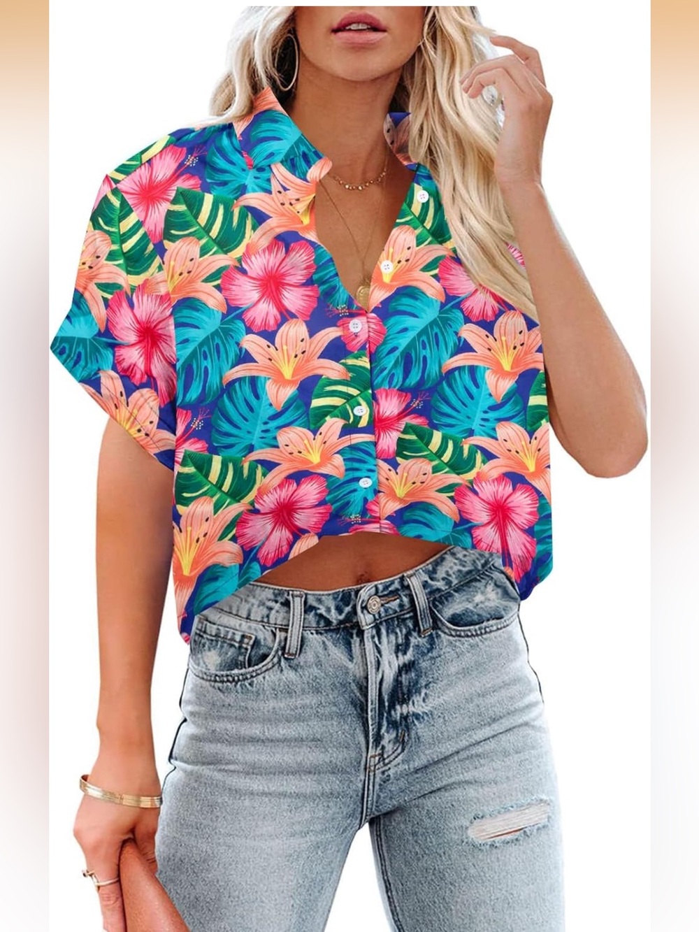 Cropped Hawaiian Shirts Hawaii Tropical Button Down Floral Tropic Print new